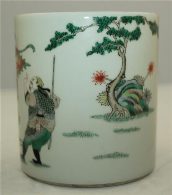 A Chinese famille verte brush pot, Kangxi mark but later, 14cm